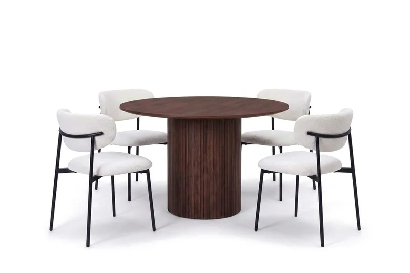 Spisegruppe Bark Kopparbo 110 cm Valnøtt Hvit bouclé/Metallben Svart Rund 4