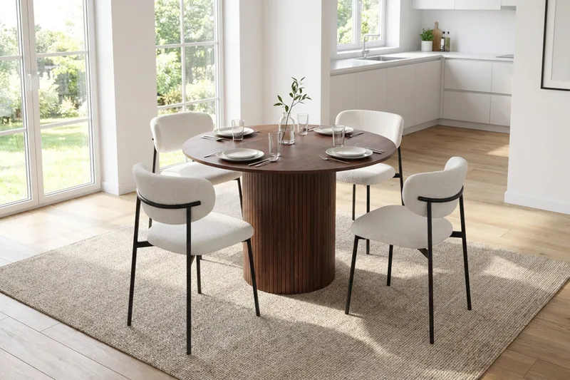 Spisegruppe Bark Kopparbo 110 cm Valnøtt Hvit bouclé/Metallben Svart Rund 4 - Møbler - Bord - Spisegruppe