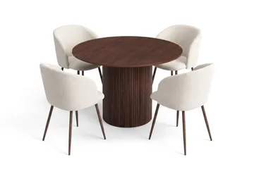 Spisegruppe Bark Kopparbo 110 cm Valnøtt Hvit bouclé/Metallben valnøtt Rund 4 - Møbler - Bord - Spisegruppe