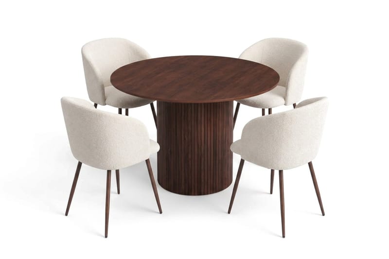 Spisegruppe Bark Kopparbo 110 cm Valnøtt Hvit bouclé/Metallben valnøtt Rund 4 - Møbler - Bord - Spisegruppe