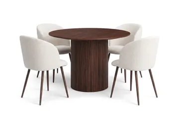Spisegruppe Bark Kopparbo 110 cm Valnøtt Hvit bouclé/Metallben valnøtt Rund 4 - Møbler - Bord - Spisegruppe