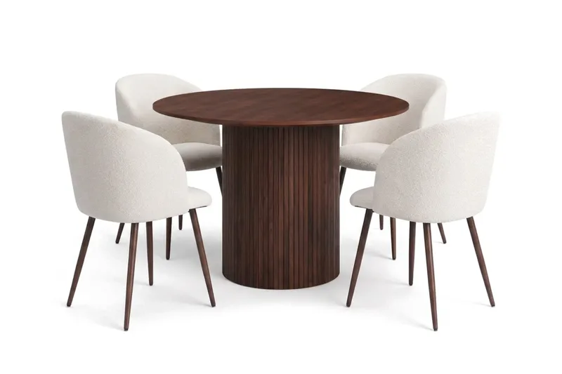 Spisegruppe Bark Kopparbo 110 cm Valnøtt Hvit bouclé/Metallben valnøtt Rund 4
