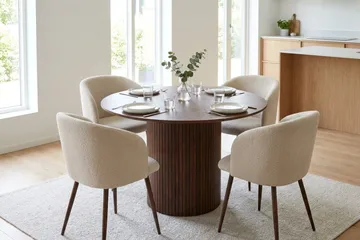 Spisegruppe Bark Kopparbo 110 cm Valnøtt Hvit bouclé/Metallben valnøtt Rund 4 - Møbler - Bord - Spisegruppe