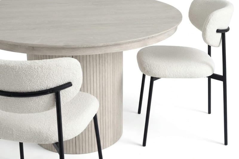 Spisegruppe Bark Kopparbo 120–220 cm Hvitlasert Hvit bouclé/metallben svart Rund 4 - Møbler - Bord - Spisegruppe