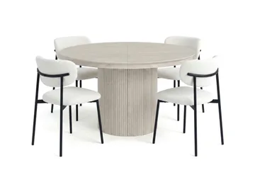 Spisegruppe Bark Kopparbo 120–220 cm Hvitlasert Hvit bouclé/metallben svart Rund 4 - Møbler - Bord - Spisegruppe