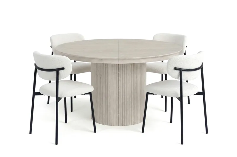 Spisegruppe Bark Kopparbo 120–220 cm Hvitlasert Hvit bouclé/metallben svart Rund 4