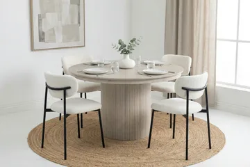 Spisegruppe Bark Kopparbo 120–220 cm Hvitlasert Hvit bouclé/metallben svart Rund 4 - Møbler - Bord - Spisegruppe