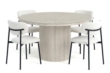 Spisegruppe Bark Kopparbo 120–220 cm Hvitlasert Hvit bouclé/metallben svart Rund 4 - Møbler - Bord - Spisegruppe