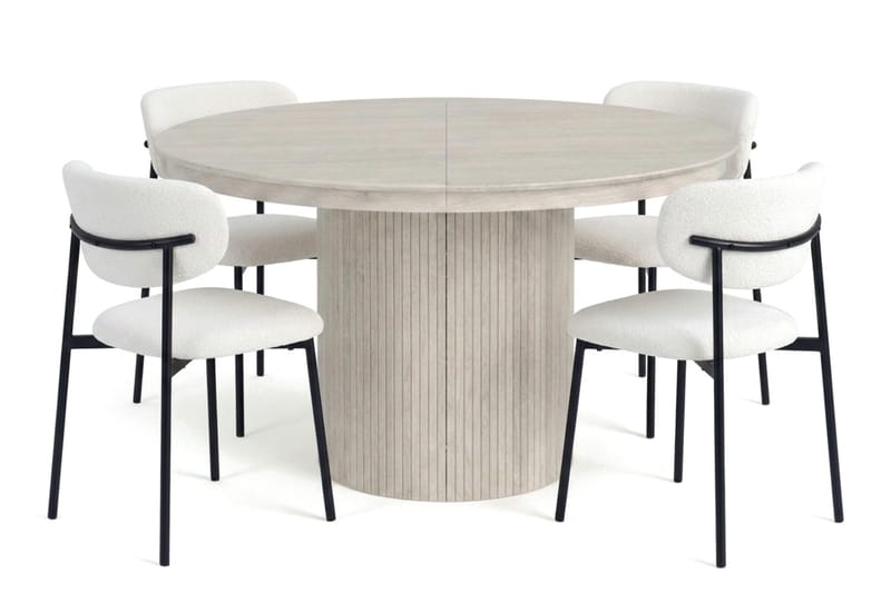 Spisegruppe Bark Kopparbo 120–220 cm Hvitlasert Hvit bouclé/metallben svart Rund 4 - Møbler - Bord - Spisegruppe