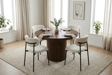 Spisegruppe Bark Kopparbo 120-220 cm Valnøtt Hvit bouclé/Metallben Svart Rund 4 - Møbler - Bord - Spisegruppe