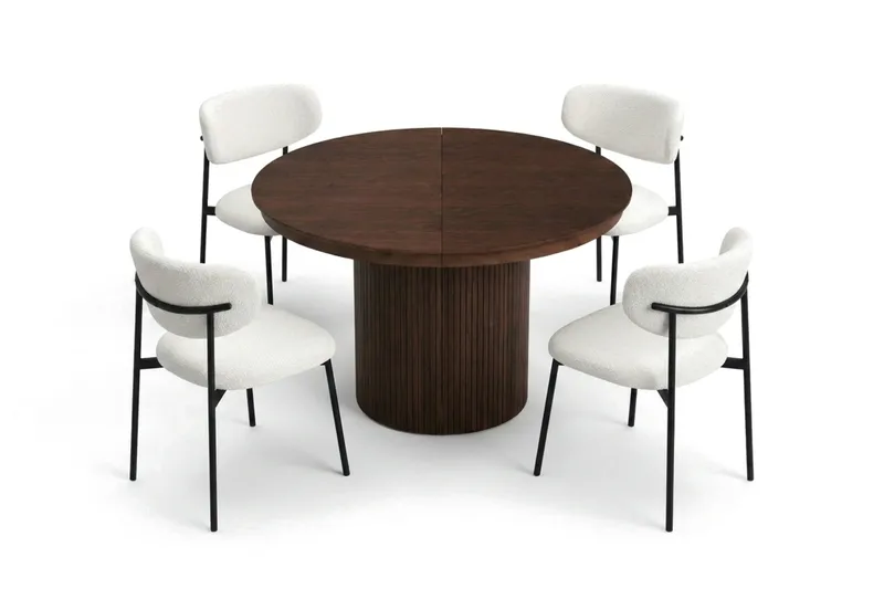 Spisegruppe Bark Kopparbo 120-220 cm Valnøtt Hvit bouclé/Metallben Svart Rund 4 - Møbler - Bord - Spisegruppe
