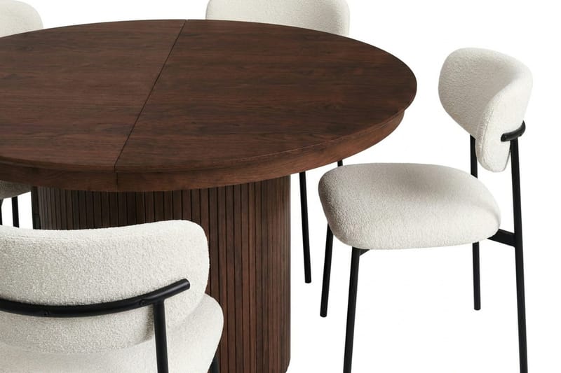 Spisegruppe Bark Kopparbo 120-220 cm Valnøtt Hvit bouclé/Metallben Svart Rund 4 - Møbler - Bord - Spisegruppe