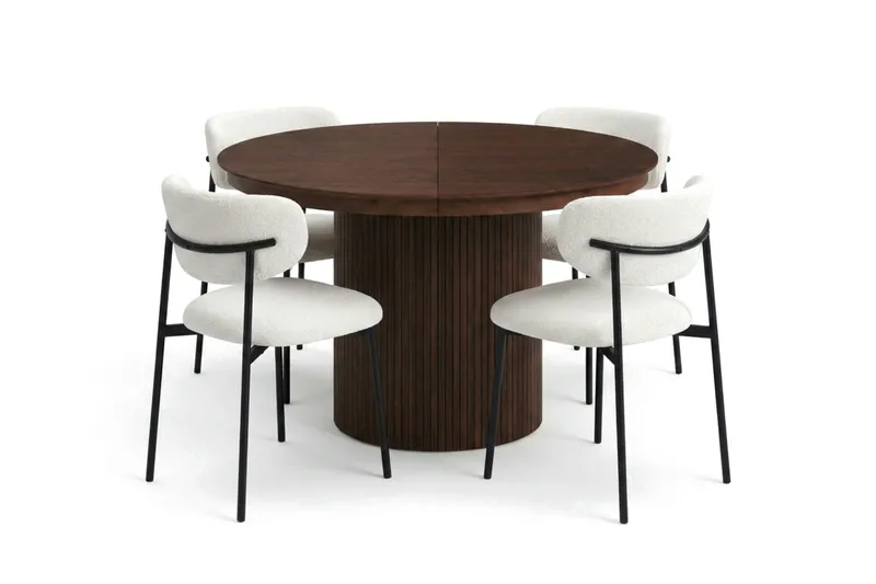 Spisegruppe Bark Kopparbo 120-220 cm Valnøtt Hvit bouclé/Metallben Svart Rund 4