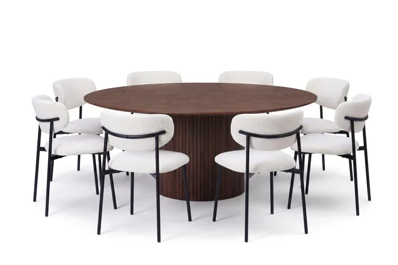 Spisegruppe Bark Kopparbo 180 cm Valnøtt Hvit bouclé/metallben svart Rund 8, Valnøtt