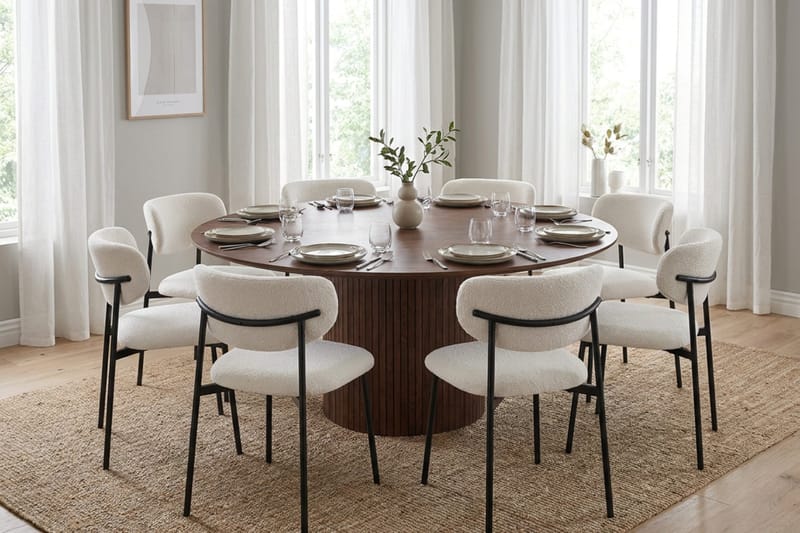 Spisegruppe Bark Kopparbo 180 cm Valnøtt Hvit bouclé/metallben svart Rund 8 - Valnøtt - Møbler - Bord - Spisegruppe