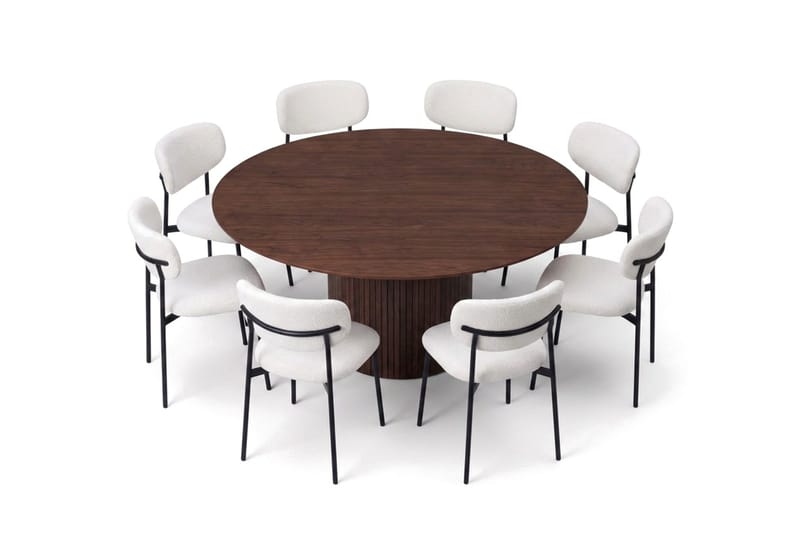 Spisegruppe Bark Kopparbo 180 cm Valnøtt Hvit bouclé/metallben svart Rund 8 - Møbler - Bord - Spisegruppe