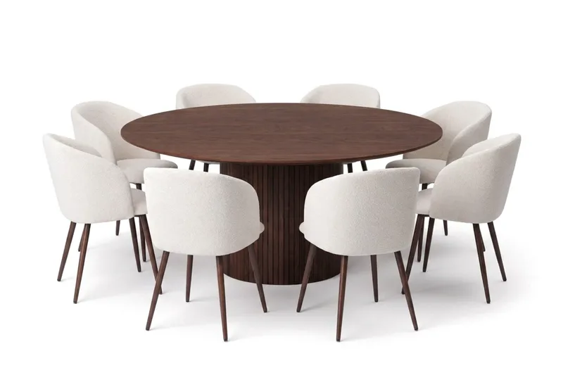 Spisegruppe Bark Kopparbo 180 cm Valnøtt Hvit bouclé/Metallben valnøtt Rund 8, Valnøtt