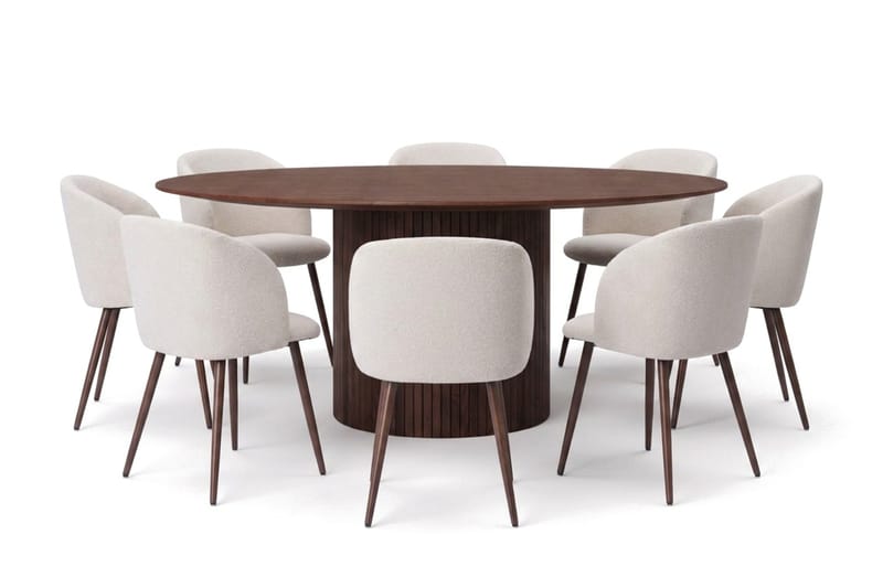 Spisegruppe Bark Kopparbo 180 cm Valnøtt Hvit bouclé/Metallben valnøtt Rund 8 - Møbler - Bord - Spisegruppe