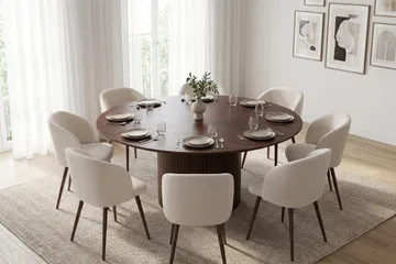 Spisegruppe Bark Kopparbo 180 cm Valnøtt Hvit bouclé/Metallben valnøtt Rund 8 - Møbler - Bord - Spisegruppe
