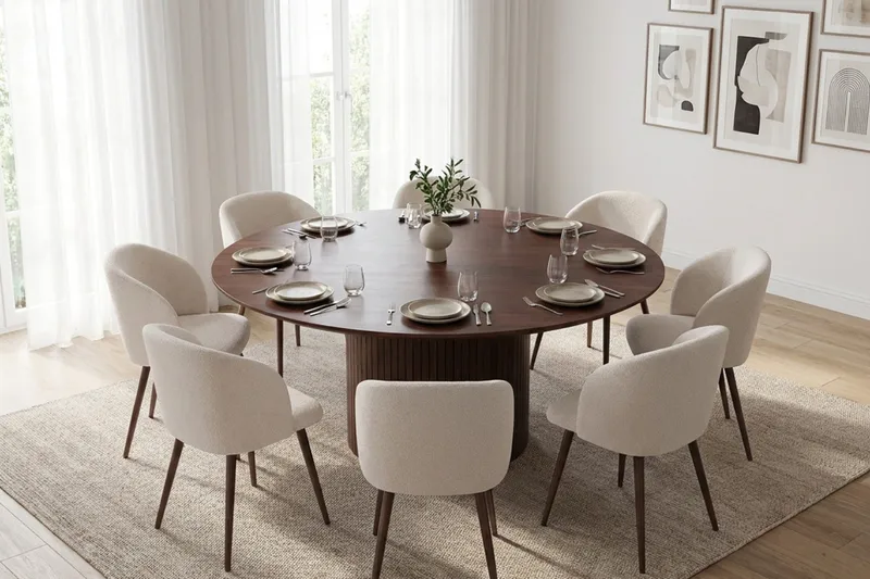 Spisegruppe Bark Kopparbo 180 cm Valnøtt Hvit bouclé/Metallben valnøtt Rund 8 - Møbler - Bord - Spisegruppe