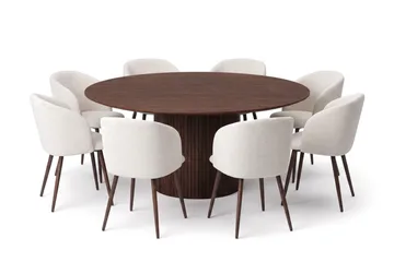 Spisegruppe Bark Kopparbo 180 cm Valnøtt Hvit bouclé/Metallben valnøtt Rund 8 - Møbler - Bord - Spisegruppe