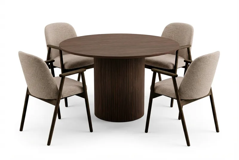 Spisegruppe Bark Kopparbo rundt spisebord 120 cm mørkebrunt med 4 Reciclar spisestoler Valnøtt|Greige
