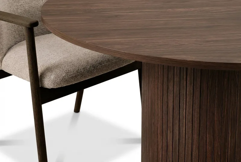 Spisegruppe Bark Kopparbo rundt spisebord 120 cm mørkebrunt med 4 Reciclar spisestoler Valnøtt|Greige - Møbler - Bord - Spisegruppe