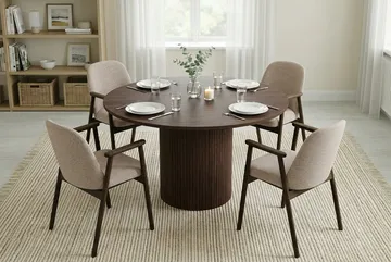 Spisegruppe Bark Kopparbo rundt spisebord 120 cm mørkebrunt med 4 Reciclar spisestoler Valnøtt|Greige - Møbler - Bord - Spisegruppe