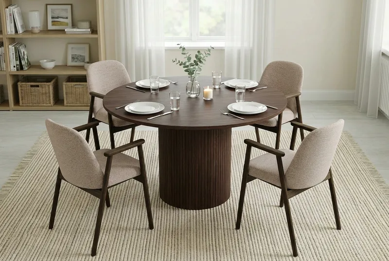 Spisegruppe Bark Kopparbo rundt spisebord 120 cm mørkebrunt med 4 Reciclar spisestoler Valnøtt|Greige - Møbler - Bord - Spisegruppe