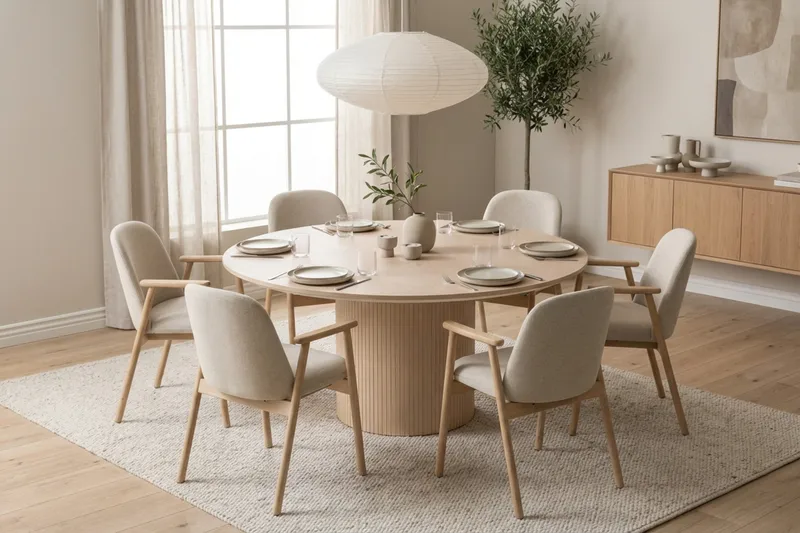 Spisegruppe Bark Kopparbo rundt spisebord 180 cm hvitlasert med 6 Reciclar spisestoler Lys eik|Beige - Møbler - Bord - Spisegruppe