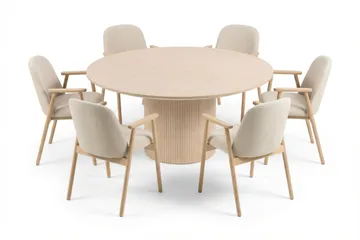 Spisegruppe Bark Kopparbo rundt spisebord 180 cm hvitlasert med 6 Reciclar spisestoler Lys eik|Beige - Møbler - Bord - Spisegruppe