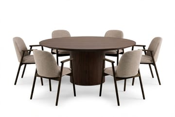 Spisegruppe Bark Kopparbo rundt spisebord 180 cm mørkebrunt med 6 Reciclar spisestoler Valnøtt|Greige - Møbler - Bord - Spisegruppe