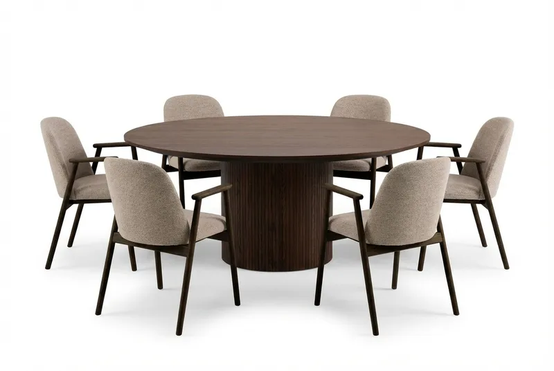 Spisegruppe Bark Kopparbo rundt spisebord 180 cm mørkebrunt med 6 Reciclar spisestoler Valnøtt|Greige