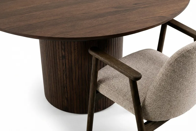 Spisegruppe Bark Kopparbo rundt spisebord 180 cm mørkebrunt med 6 Reciclar spisestoler Valnøtt|Greige - Møbler - Bord - Spisegruppe