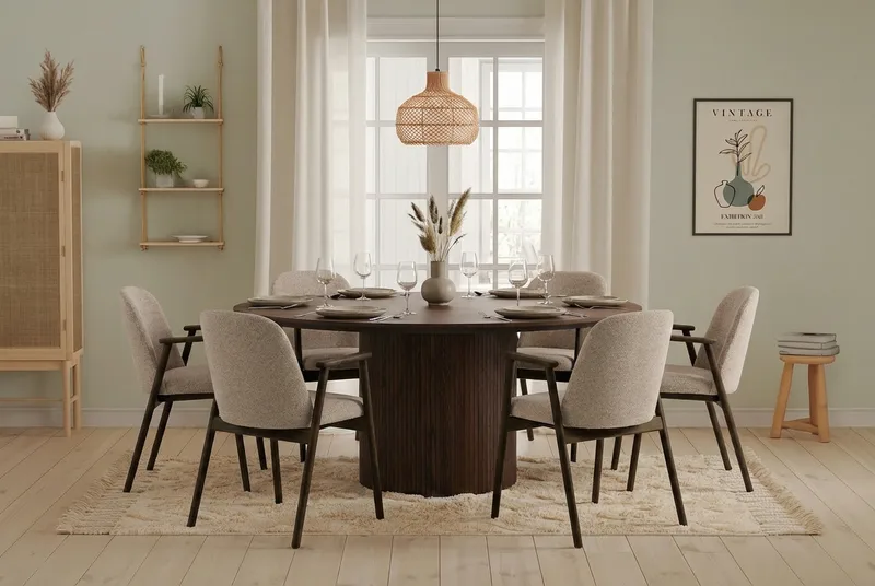 Spisegruppe Bark Kopparbo rundt spisebord 180 cm mørkebrunt med 6 Reciclar spisestoler Valnøtt|Greige - Møbler - Bord - Spisegruppe