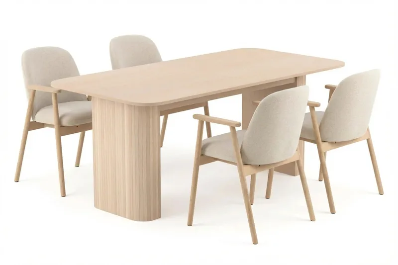 Spisegruppe Bark Kopparbo spisebord 180-240 cm uttrekkbart med 6 Reciclar spisestoler Lys eik|Beige