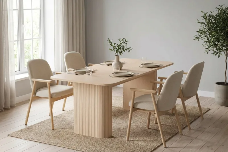 Spisegruppe Bark Kopparbo spisebord 180-240 cm uttrekkbart med 6 Reciclar spisestoler Lys eik|Beige - Møbler - Bord - Spisegruppe