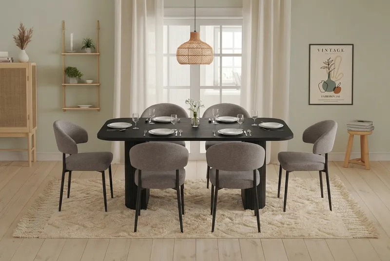 Spisegruppe Bark Kopparbo spisebord 200 cm med 6 Sawako Greige stoler Svart|Greige - Møbler - Bord - Spisegruppe