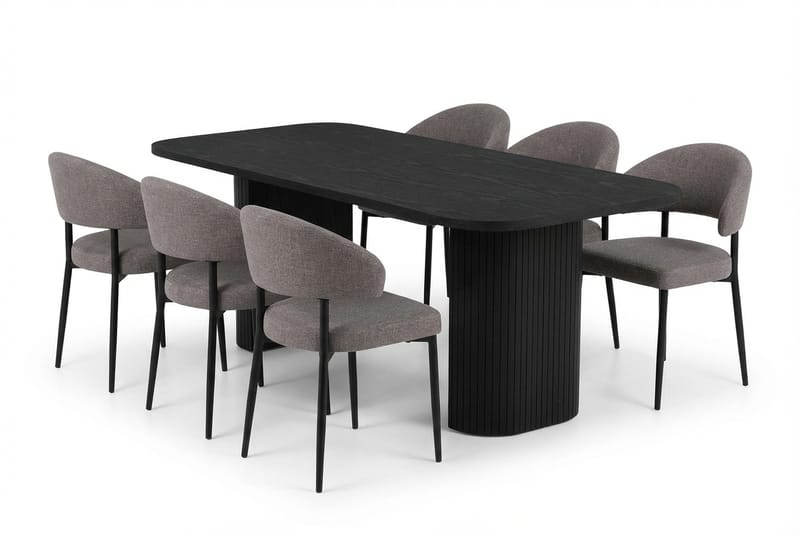 Spisegruppe Bark Kopparbo spisebord 200 cm med 6 Sawako Greige stoler Svart|Greige