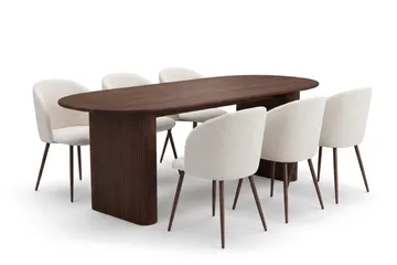 Spisegruppe Bark Noira 220 cm Valnøtt Hvit bouclé/metalben valnøtt 6 - Møbler - Bord - Spisegruppe