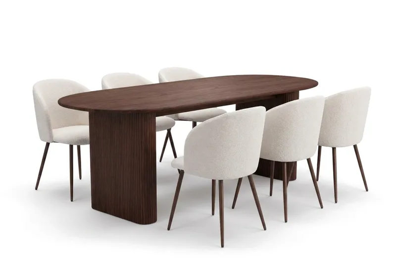 Spisegruppe Bark Noira 220 cm Valnøtt Hvit bouclé/metalben valnøtt 6