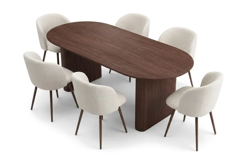 Spisegruppe Bark Noira 220 cm Valnøtt Hvit bouclé/metalben valnøtt 6 - Møbler - Bord - Spisegruppe