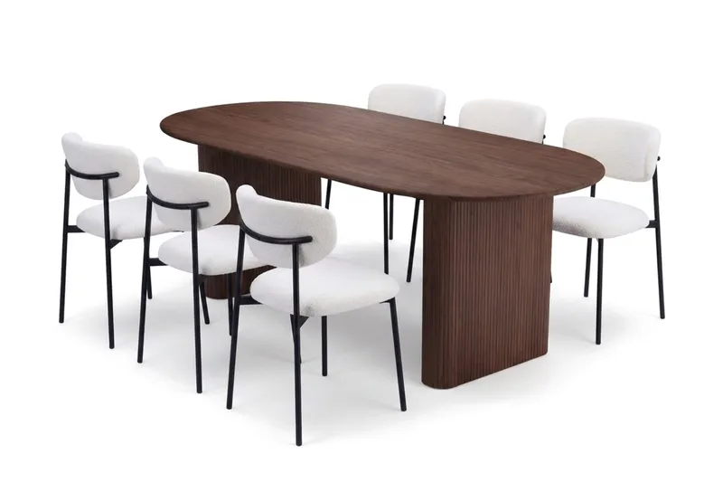 Spisegruppe Bark Noira 220 cm Valnøtt Hvit bouclé/Metallben Svart 6