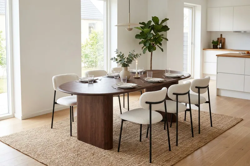 Spisegruppe Bark Noira 220 cm Valnøtt Hvit bouclé/Metallben Svart 6 - Møbler - Bord - Spisegruppe