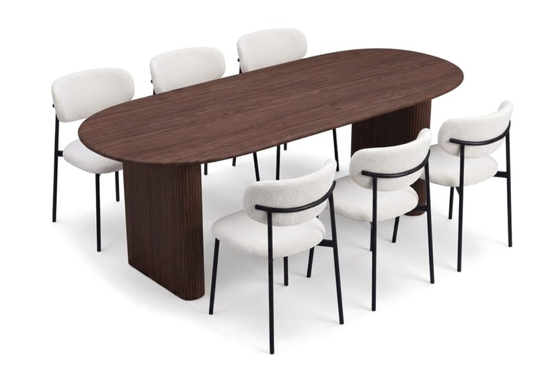 Spisegruppe Bark Noira 220 cm Valnøtt Hvit bouclé/Metallben Svart 6 - Møbler - Bord - Spisegruppe