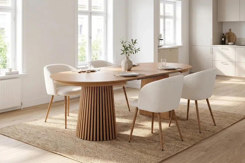 Spisegruppe Bark Peyra 120-220 cm Eik Hvit bouclé/Metallben brun - Møbler - Bord - Spisegruppe