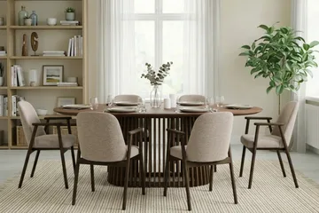 Spisegruppe Bark Peyra ovalt spisebord 200 cm mørkebrunt med 6 Reciclar spisestoler Valnøtt|Greige - Møbler - Bord - Spisegruppe