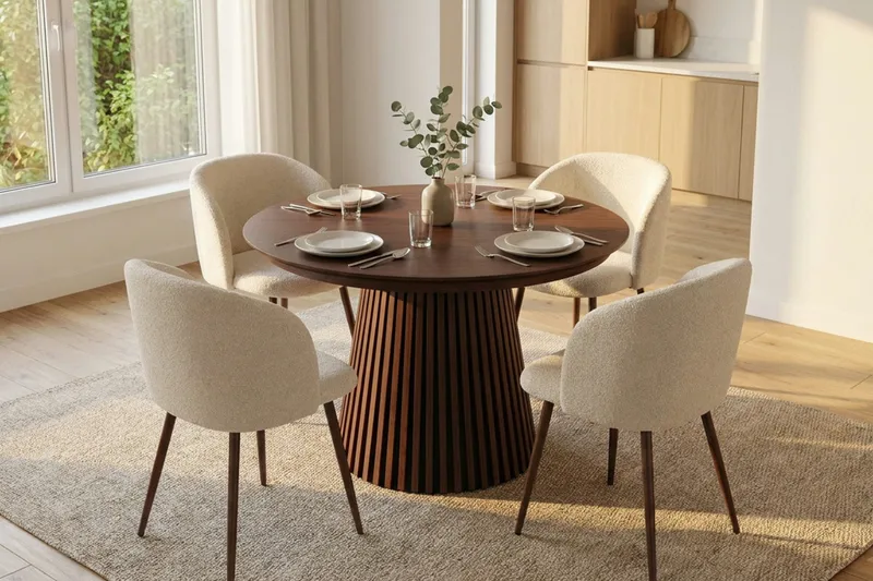 Spisegruppe Bark Peyra 120-220 cm Valnøtt Hvit bouclé/Metallben valnøtt - Møbler - Bord - Spisegruppe