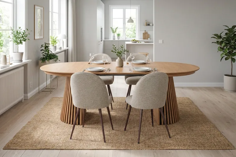 Spisegruppe Bark Peyra 120-220 cm Eik Greige bouclé/Metallben Valnøtt - Møbler - Bord - Spisegruppe