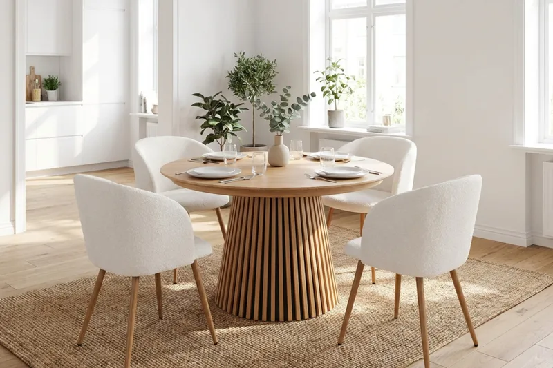 Spisegruppe Bark Peyra 120-220 cm Eik Hvit bouclé/Metallben brun - Møbler - Bord - Spisegruppe